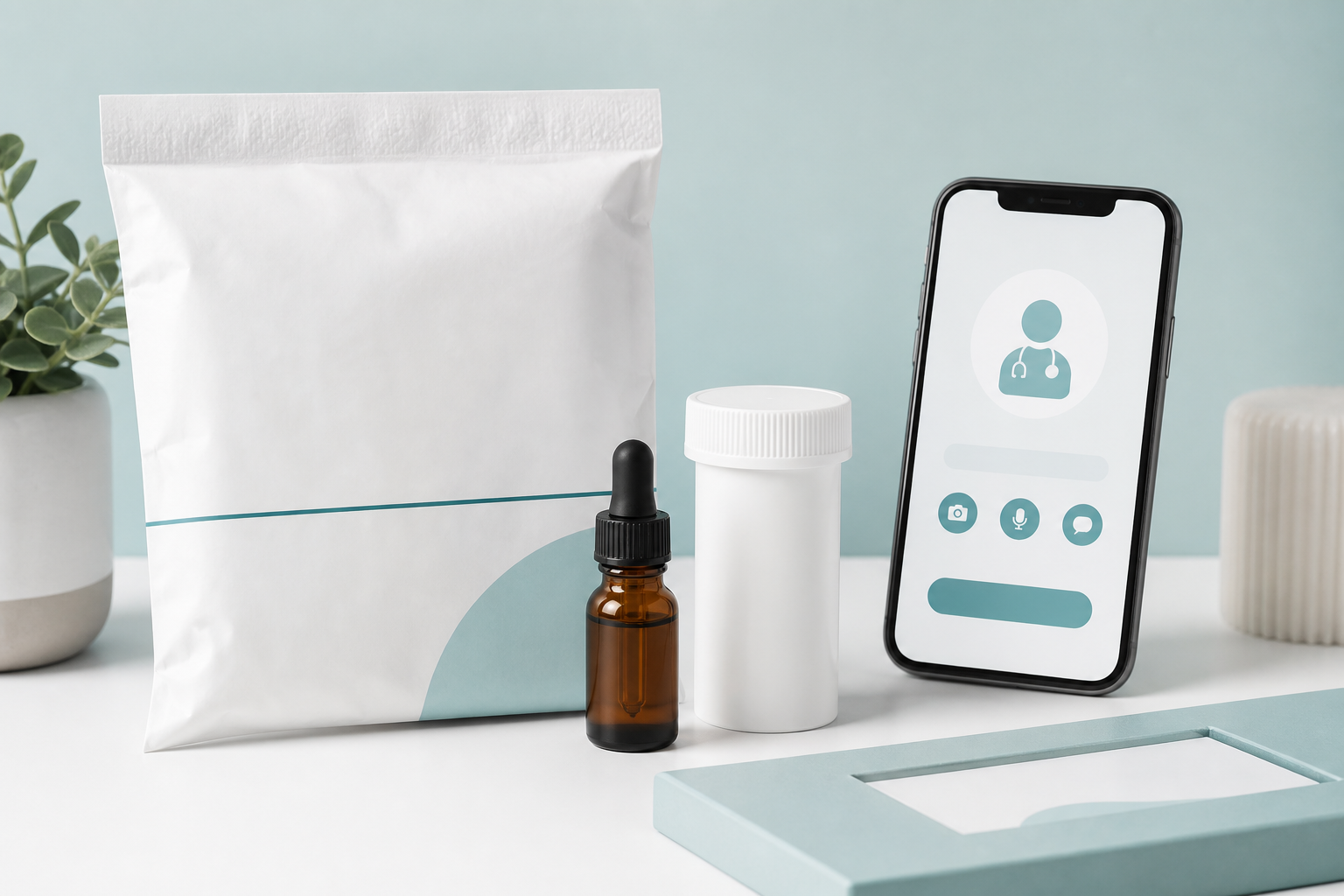 Discreet unbranded ED treatment delivery kit with telehealth phone
